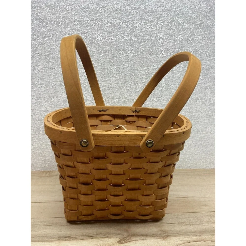 Precious Moments Double Folding Handle Wooden Basket With Porcelain Ornament